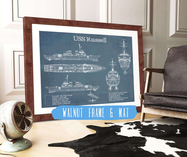 20" x 16" / Walnut Frame & Mat Cutler West USS Russell (DDG-59) Arleigh Burke-class Destroyer Blueprint Original Military Wall Art - Customizable