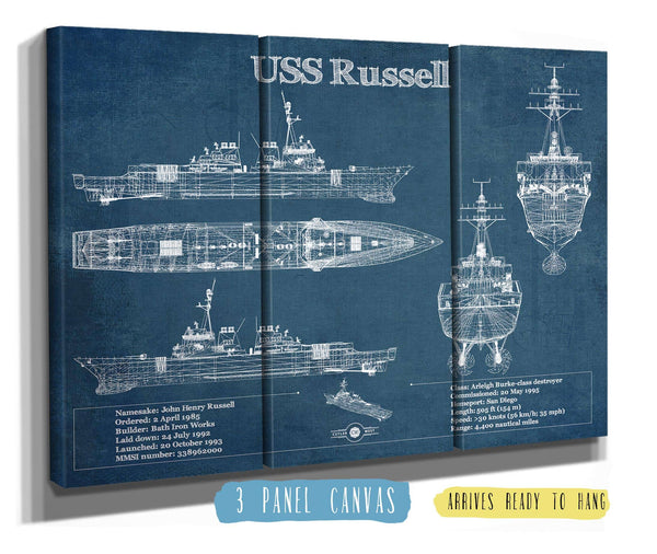 36" x 24" / 3 Panel Canvas Wrap Cutler West USS Russell (DDG-59) Arleigh Burke-class Destroyer Blueprint Original Military Wall Art - Customizable