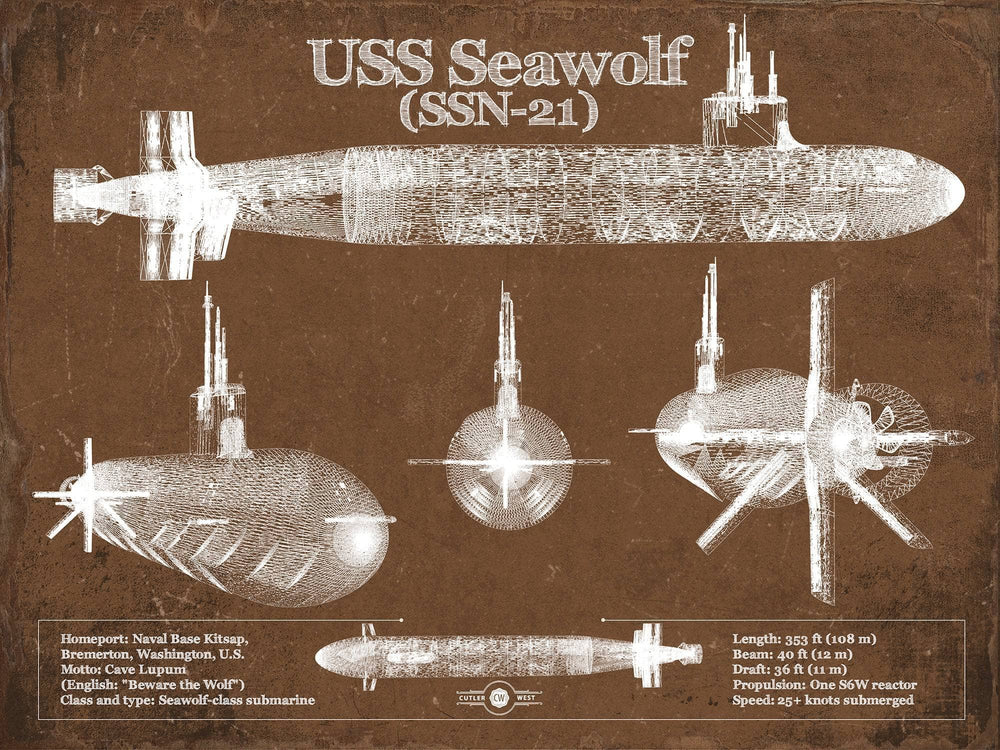 14" x 11" / Stretched Canvas Wrap Cutler West USS Seawolf (SSN-21) Blueprint Original Military Wall Art - Customizable
