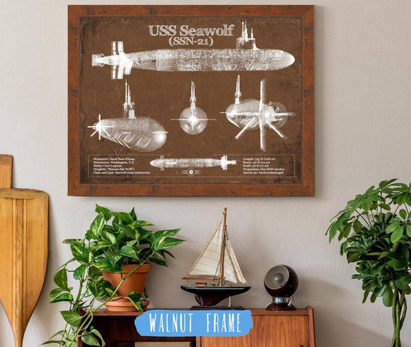 20" x 16" / Walnut Frame Cutler West USS Seawolf (SSN-21) Blueprint Original Military Wall Art - Customizable