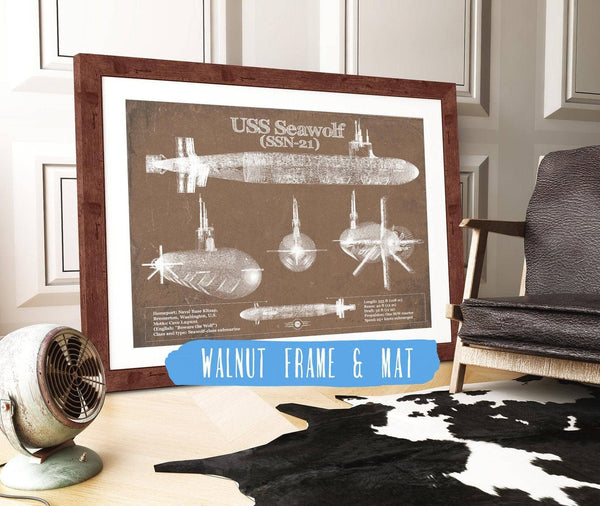 20" x 16" / Walnut Frame & Mat Cutler West USS Seawolf (SSN-21) Blueprint Original Military Wall Art - Customizable