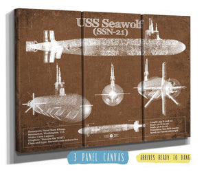 36" x 24" / 3 Panel Canvas Wrap Cutler West USS Seawolf (SSN-21) Blueprint Original Military Wall Art - Customizable