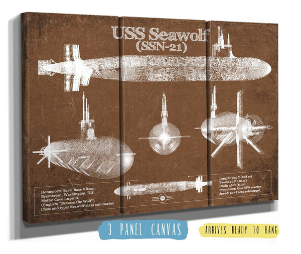 36" x 24" / 3 Panel Canvas Wrap Cutler West USS Seawolf (SSN-21) Blueprint Original Military Wall Art - Customizable