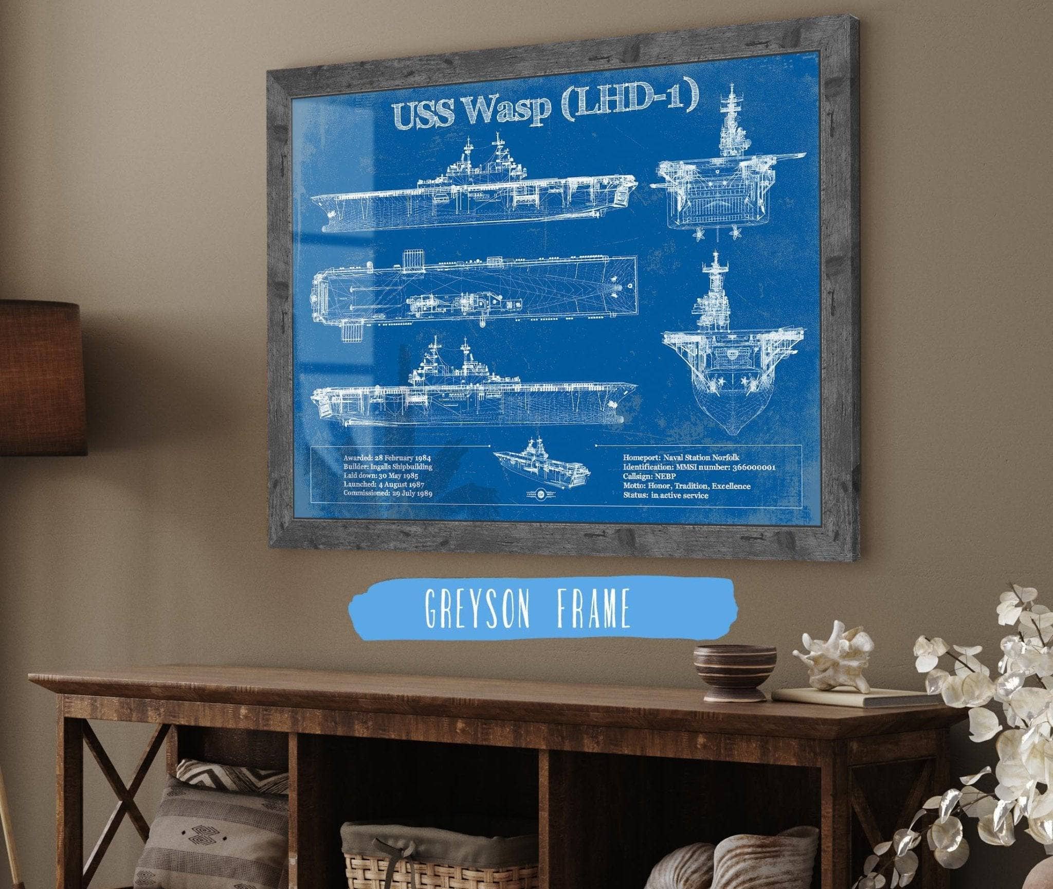 【米軍放出品】 USAヴィンテージ 海洋版画 金彩額装アート　座間基地 USS Wasp LHD-1 Aircraft Carrier Blueprint | Cutler West