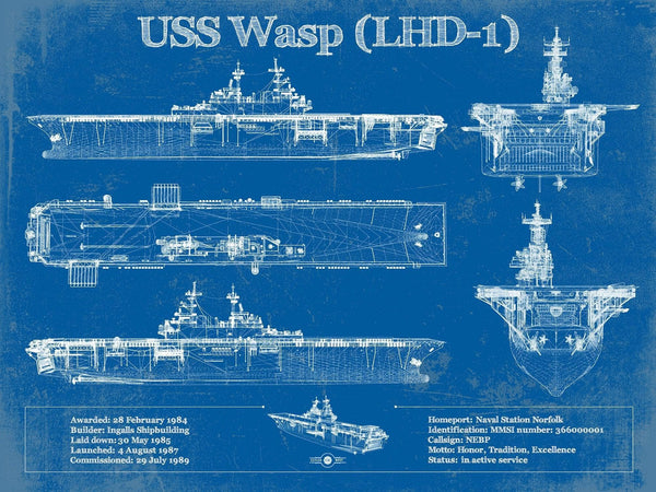 14" x 11" / Unframed Cutler West USS Wasp (LHD-1) Aircraft Carrier Blueprint Original Military Wall Art - Customizable