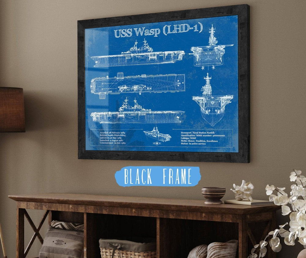 14" x 11" / Stretched Canvas Wrap Cutler West USS Wasp (LHD-1) Aircraft Carrier Blueprint Original Military Wall Art - Customizable