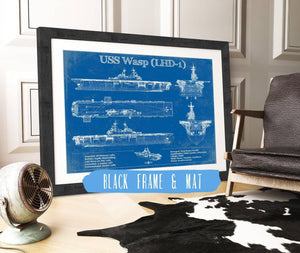20" x 16" / Black Frame & Mat Cutler West USS Wasp (LHD-1) Aircraft Carrier Blueprint Original Military Wall Art - Customizable
