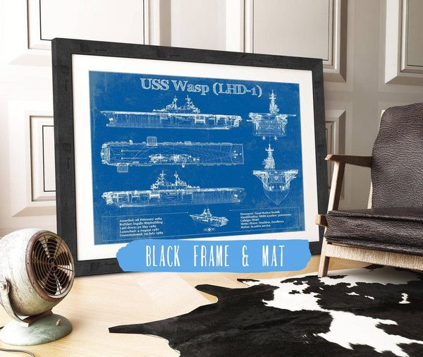 20" x 16" / Black Frame & Mat Cutler West USS Wasp (LHD-1) Aircraft Carrier Blueprint Original Military Wall Art - Customizable