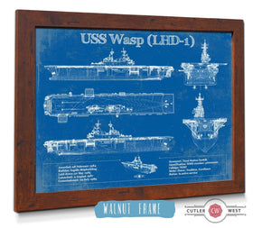 20" x 16" / Walnut Frame Cutler West USS Wasp (LHD-1) Aircraft Carrier Blueprint Original Military Wall Art - Customizable