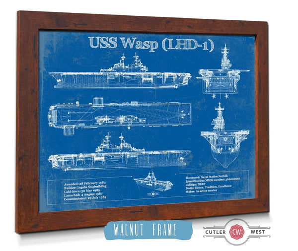 20" x 16" / Walnut Frame Cutler West USS Wasp (LHD-1) Aircraft Carrier Blueprint Original Military Wall Art - Customizable