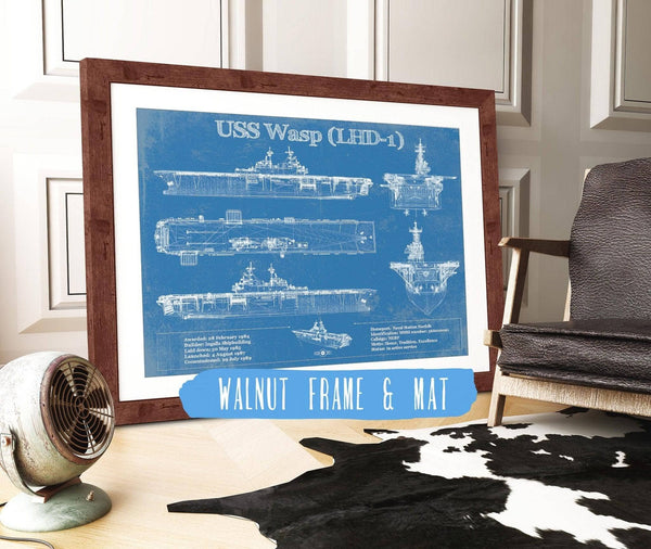 20" x 16" / Walnut Frame & Mat Cutler West USS Wasp (LHD-1) Aircraft Carrier Blueprint Original Military Wall Art - Customizable