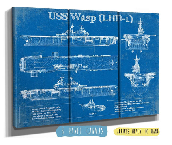 36" x 24" / 3 Panel Canvas Wrap Cutler West USS Wasp (LHD-1) Aircraft Carrier Blueprint Original Military Wall Art - Customizable