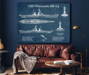 Cutler West USS Wisconsin (BB-64) Blueprint Original Military Wall Art - Customizable