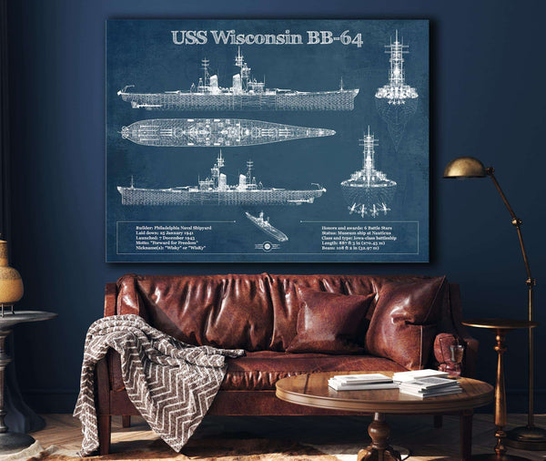 Cutler West USS Wisconsin (BB-64) Blueprint Original Military Wall Art - Customizable