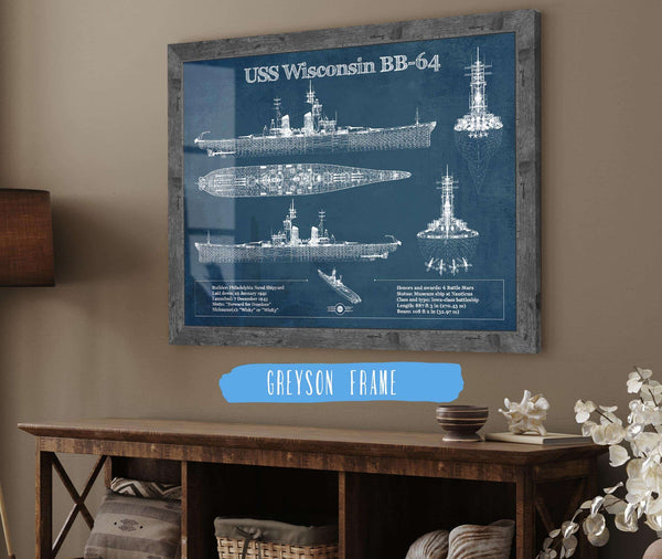 14" x 11" / Greyson Frame Cutler West USS Wisconsin (BB-64) Blueprint Original Military Wall Art - Customizable
