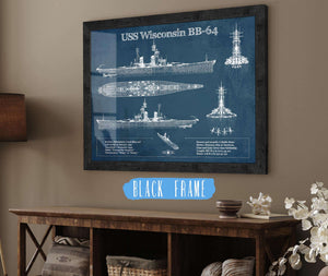 20" x 16" / Black Frame Cutler West USS Wisconsin (BB-64) Blueprint Original Military Wall Art - Customizable
