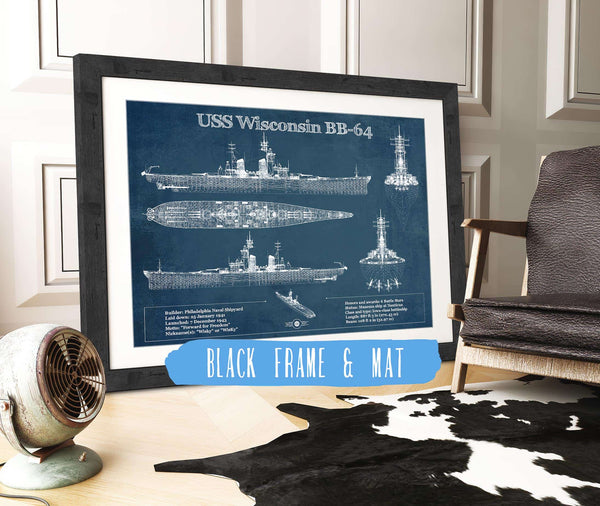 20" x 16" / Black Frame & Mat Cutler West USS Wisconsin (BB-64) Blueprint Original Military Wall Art - Customizable