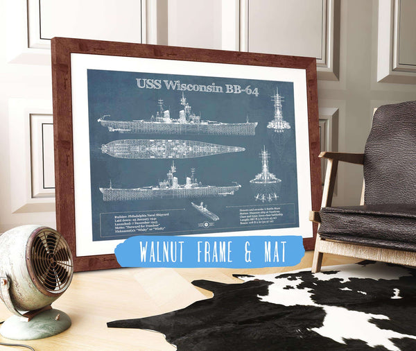 20" x 16" / Walnut Frame & Mat Cutler West USS Wisconsin (BB-64) Blueprint Original Military Wall Art - Customizable