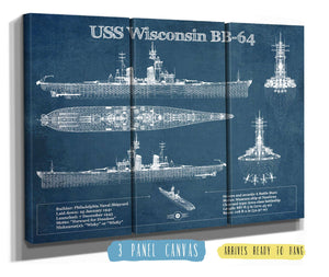36" x 24" / 3 Panel Canvas Wrap Cutler West USS Wisconsin (BB-64) Blueprint Original Military Wall Art - Customizable