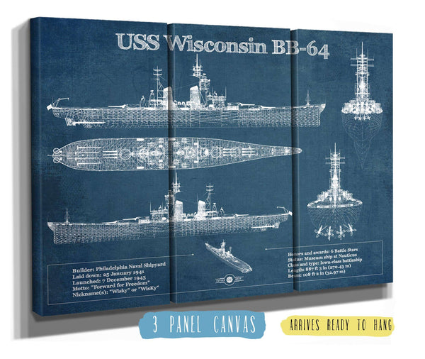 36" x 24" / 3 Panel Canvas Wrap Cutler West USS Wisconsin (BB-64) Blueprint Original Military Wall Art - Customizable