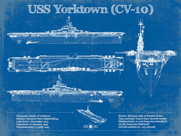 14" x 11" / Unframed Cutler West USS Yorktown (CV-10) Aircraft Carrier Blueprint Original Military Wall Art - Customizable