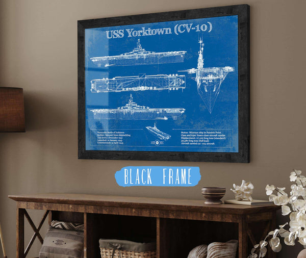 20" x 16" / Black Frame Cutler West USS Yorktown (CV-10) Aircraft Carrier Blueprint Original Military Wall Art - Customizable