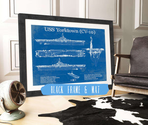 20" x 16" / Black Frame & Mat Cutler West USS Yorktown (CV-10) Aircraft Carrier Blueprint Original Military Wall Art - Customizable