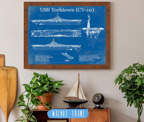 20" x 16" / Walnut Frame Cutler West USS Yorktown (CV-10) Aircraft Carrier Blueprint Original Military Wall Art - Customizable