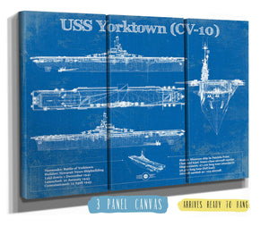 36" x 24" / 3 Panel Canvas Wrap Cutler West USS Yorktown (CV-10) Aircraft Carrier Blueprint Original Military Wall Art - Customizable