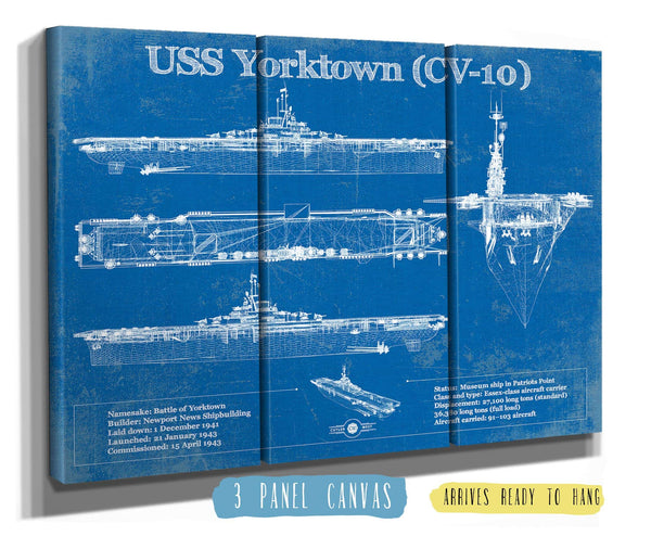 36" x 24" / 3 Panel Canvas Wrap Cutler West USS Yorktown (CV-10) Aircraft Carrier Blueprint Original Military Wall Art - Customizable