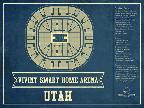 14" x 11" / Unframed Cutler West Utah Jazz - Vivint Smart Home Arena Seating Chart Vintage Art Print