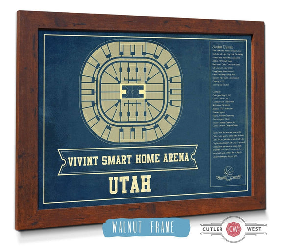 20" x 16" / Walnut Frame Cutler West Utah Jazz - Vivint Smart Home Arena Seating Chart Vintage Art Print