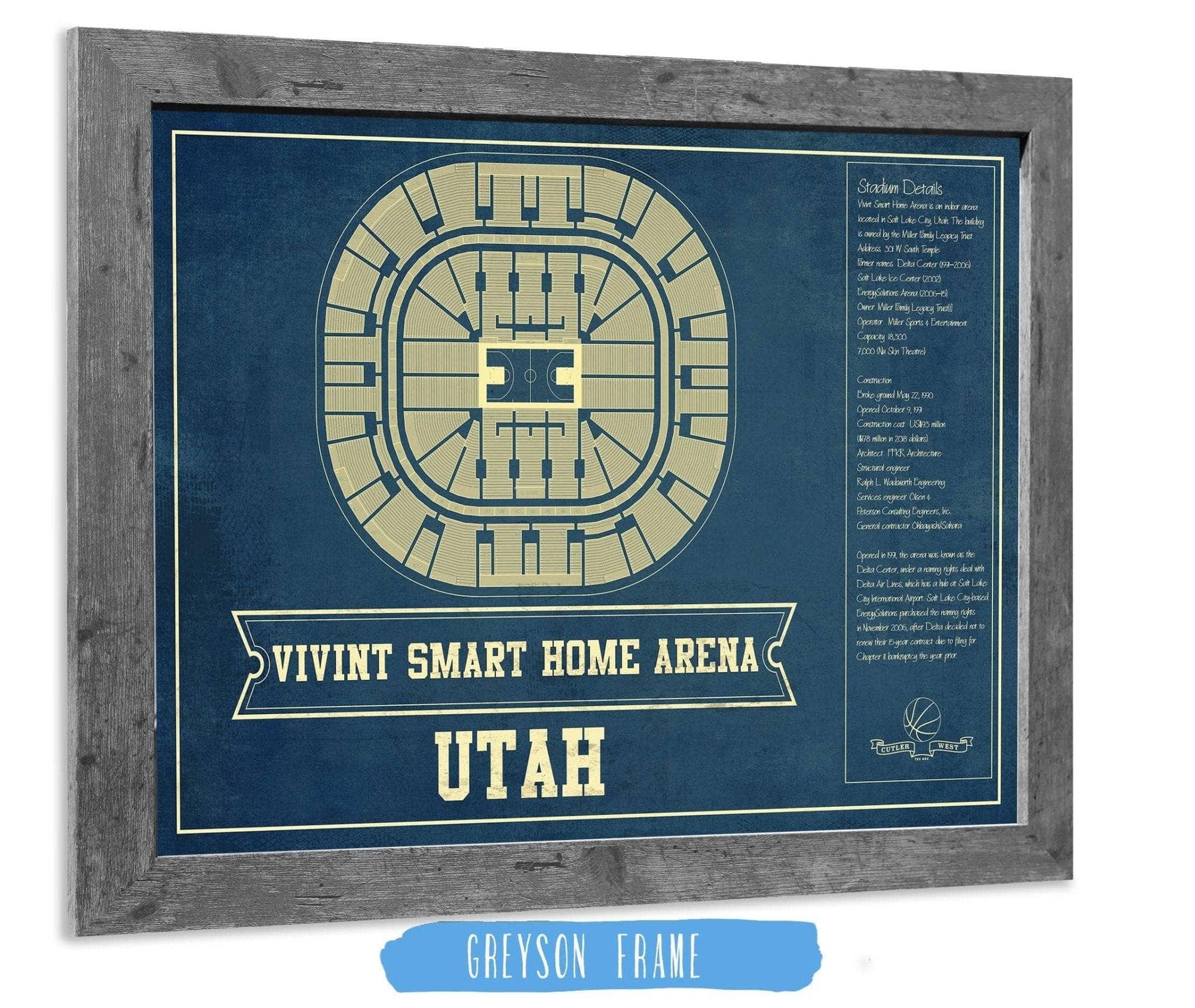 Cutler West Basketball Collection 14" x 11" / Greyson Frame Utah Jazz - Vivint Smart Home Arena Seating Chart Vintage Art Print 933350176_77758