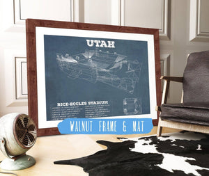 20" x 16" / Walnut Frame & Mat Cutler West Utah Utes Wall Art - Vintage Rice–Eccles StadiumBlueprint Art Print