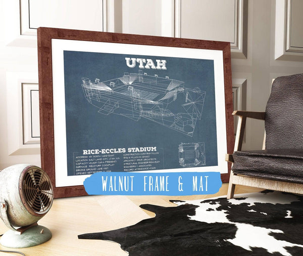 20" x 16" / Walnut Frame & Mat Cutler West Utah Utes Wall Art - Vintage Rice–Eccles StadiumBlueprint Art Print