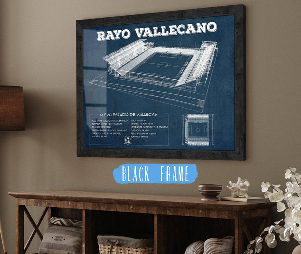 20" x 16" / Black Frame Cutler West Vallecas Soccer Field - Rayo Blueprint Vintage Soccer Print