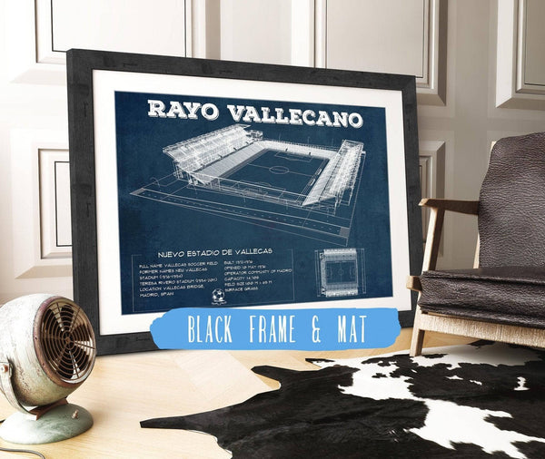 20" x 16" / Black Frame & Mat Cutler West Vallecas Soccer Field - Rayo Blueprint Vintage Soccer Print