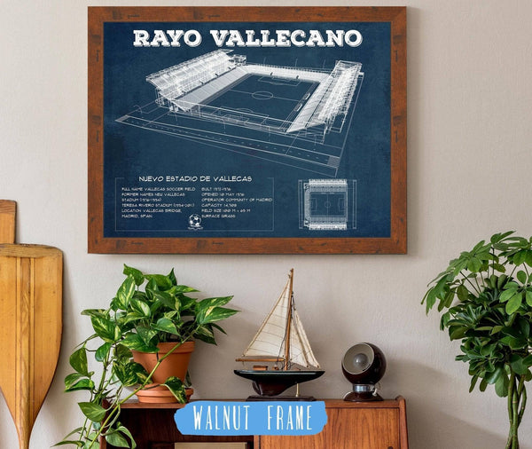 20" x 16" / Walnut Frame Cutler West Vallecas Soccer Field - Rayo Blueprint Vintage Soccer Print
