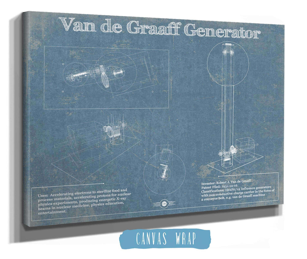 14" x 11" / Stretched Canvas Wrap Cutler West Van de Graaff electrostatic generator Blueprint Vintage Science Print