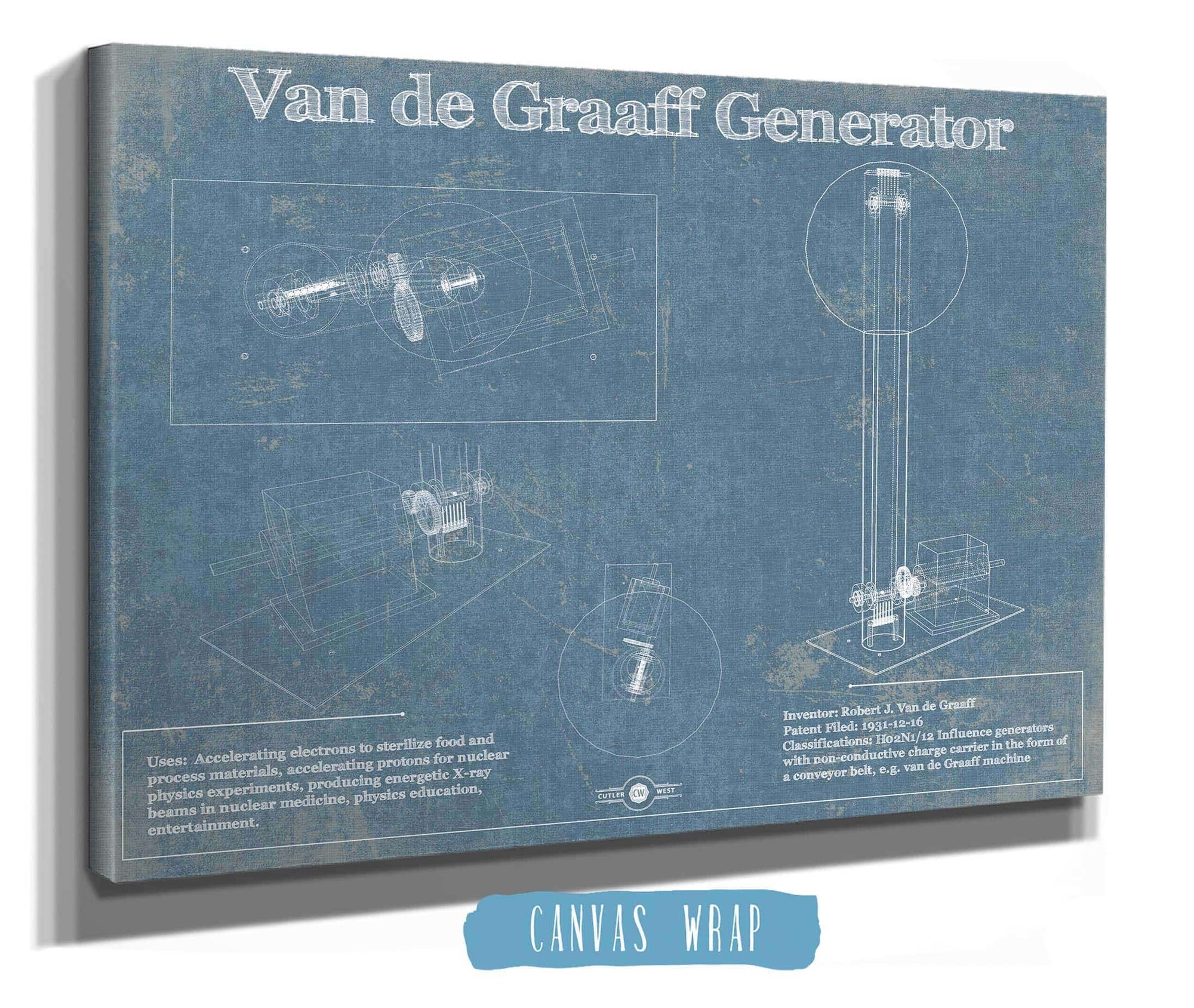 Cutler West Van de Graaff electrostatic generator Blueprint Vintage Science Print