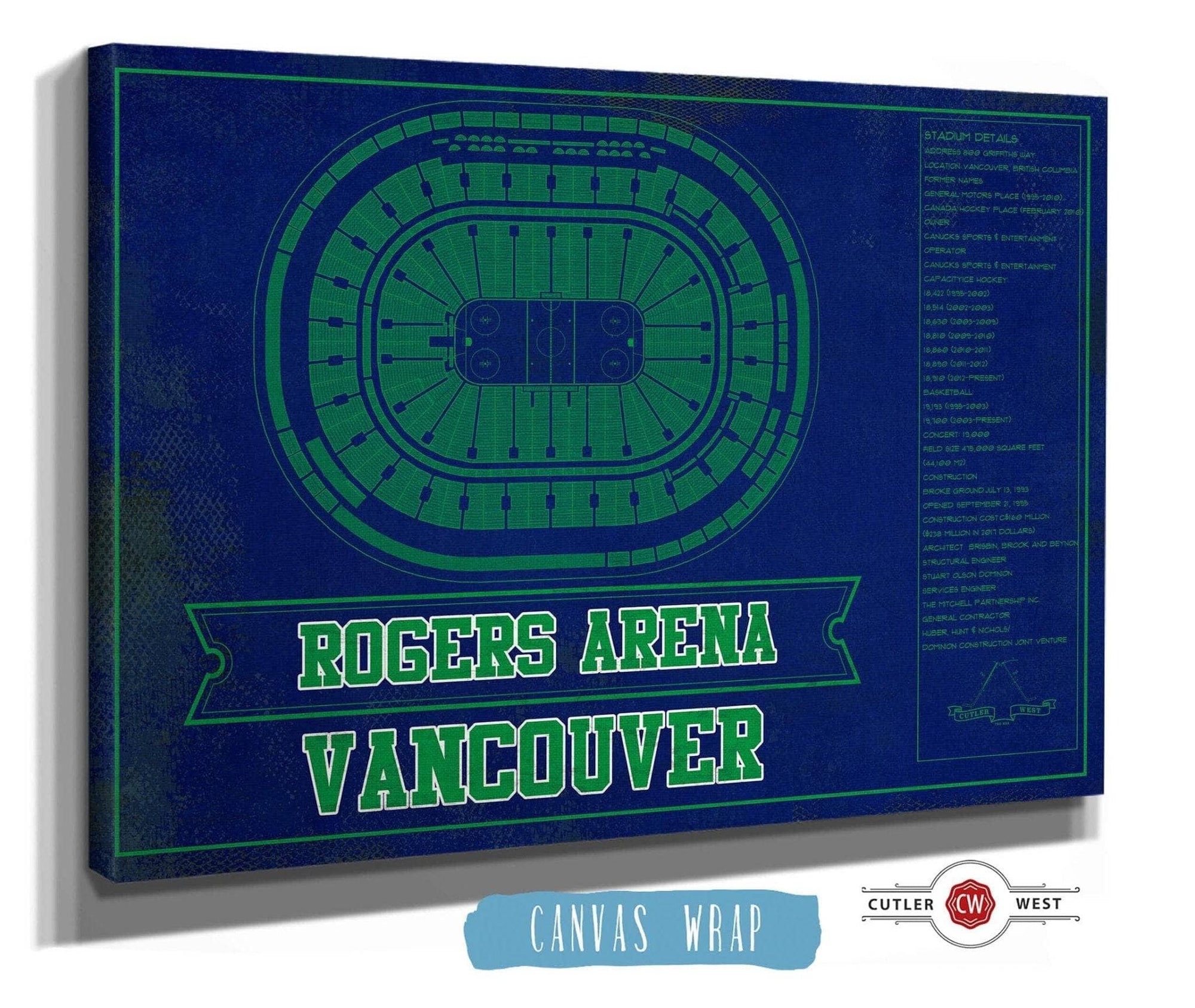 Cutler West 14" x 11" / Stretched Canvas Wrap Vancouver Canucks Team Colors - Rogers Arena Vintage Hockey Blueprint NHL Print 673825395-TEAM