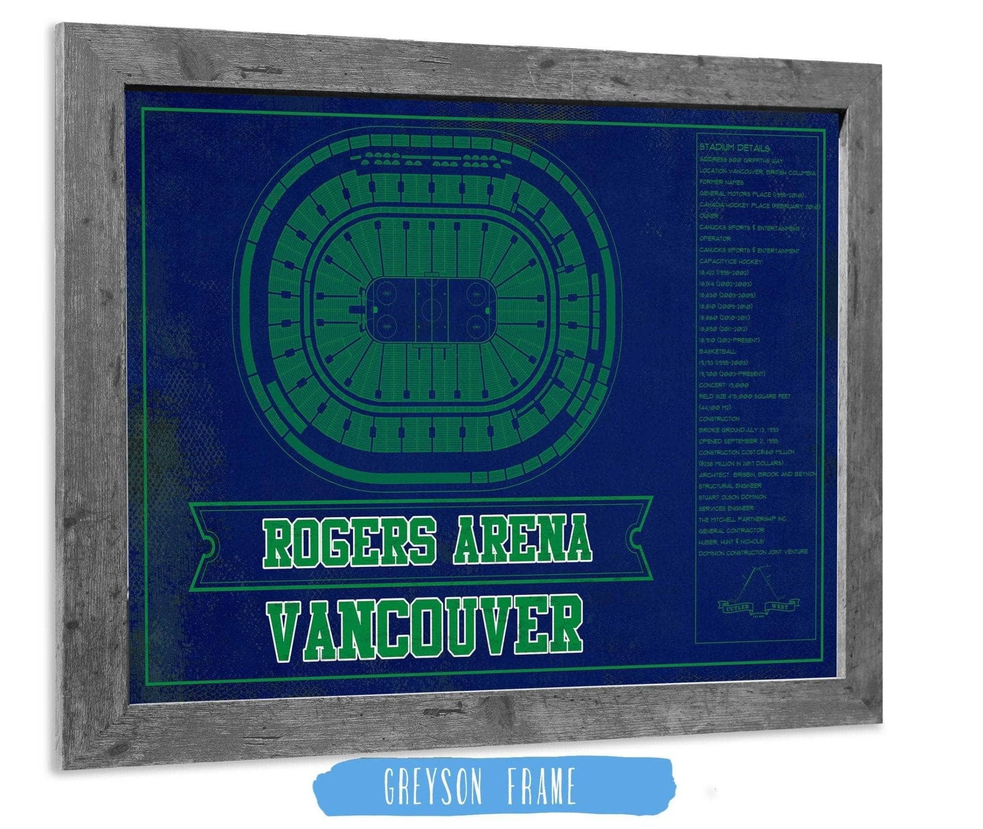 Cutler West 14" x 11" / Greyson Frame Vancouver Canucks Team Colors - Rogers Arena Vintage Hockey Blueprint NHL Print 673825395-TEAM