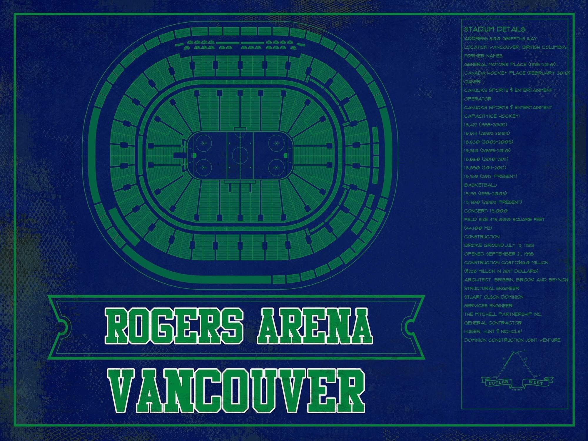 Cutler West 14" x 11" / Unframed Vancouver Canucks Team Colors - Rogers Arena Vintage Hockey Blueprint NHL Print 673825395-TEAM