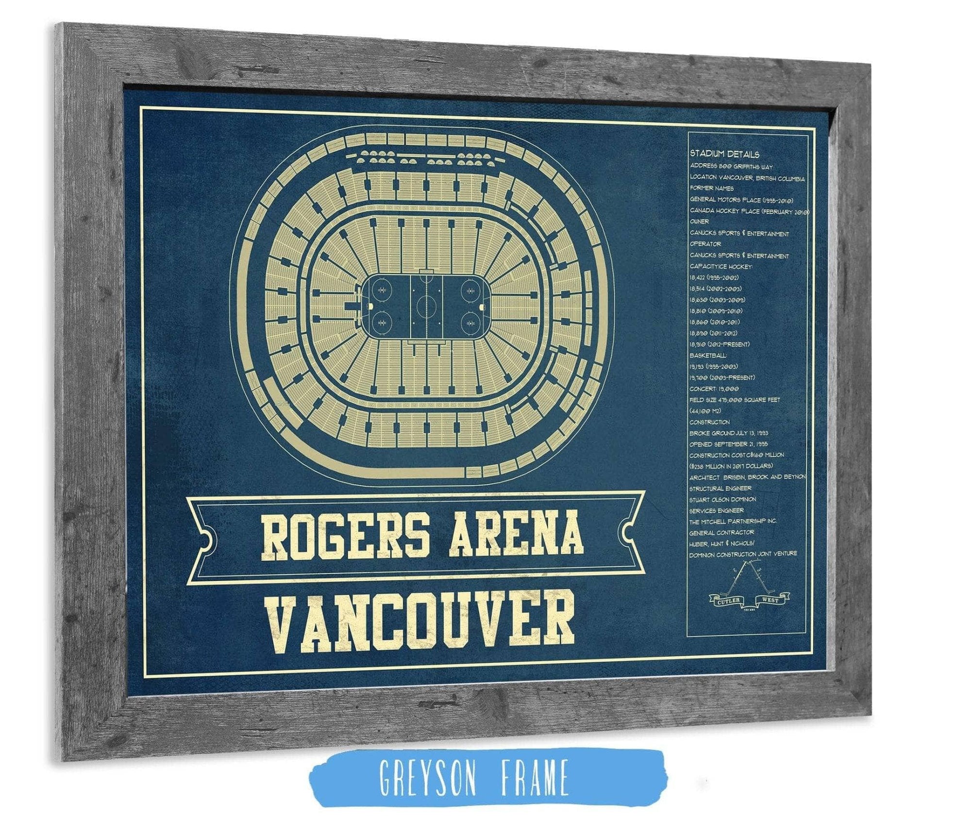Cutler West 14" x 11" / Greyson Frame Vancouver Canucks - Rogers Arena Vintage Hockey Blueprint NHL Print 673825395_81453