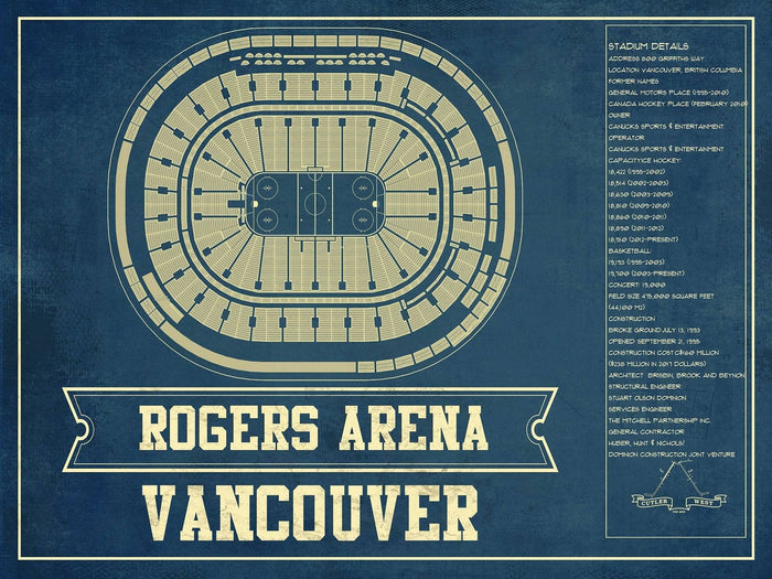 Cutler West 14" x 11" / Unframed Vancouver Canucks - Rogers Arena Vintage Hockey Blueprint NHL Print 673825395_81446