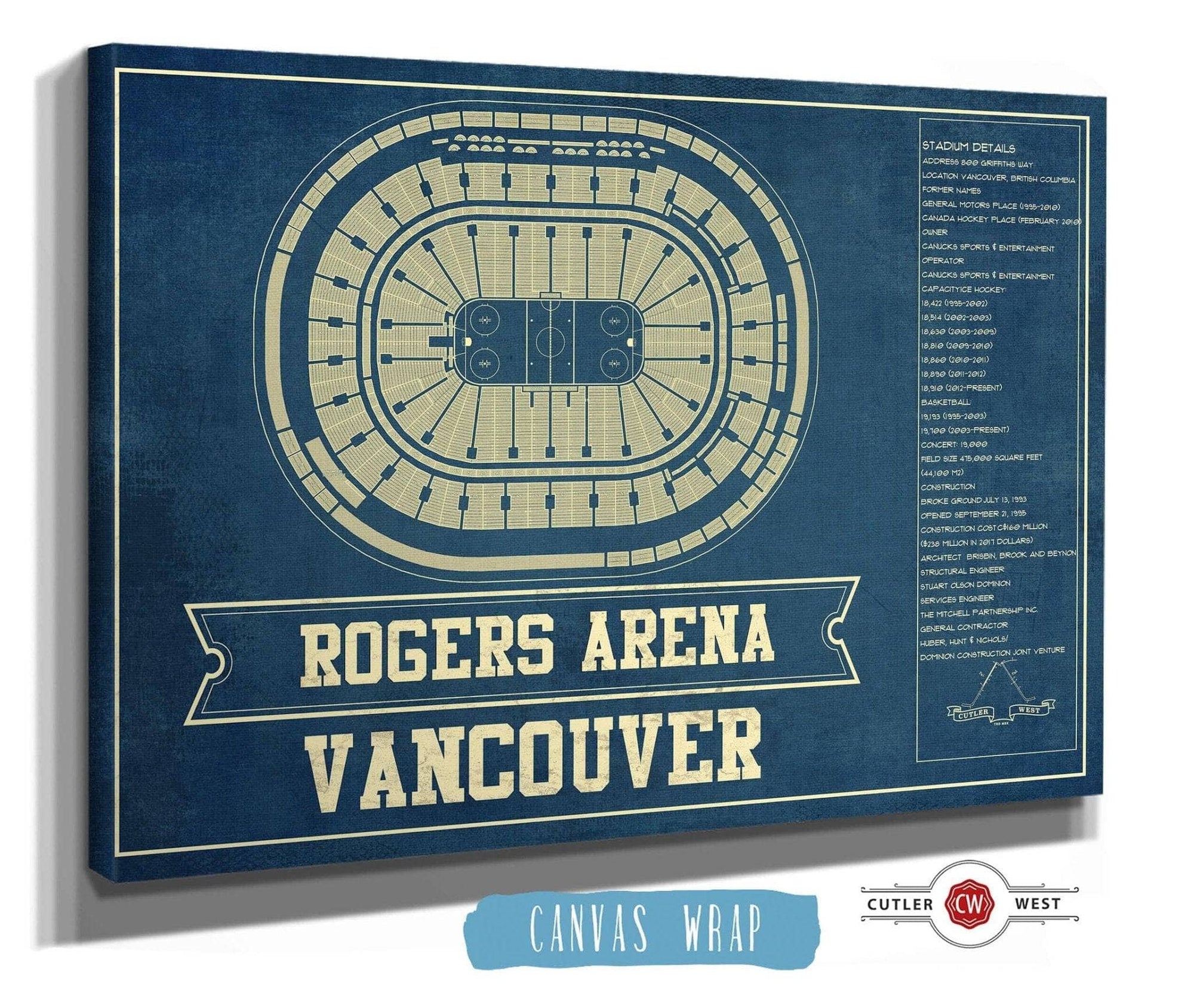 Cutler West 14" x 11" / Stretched Canvas Wrap Vancouver Canucks - Rogers Arena Vintage Hockey Blueprint NHL Print 673825395-14"-x-11"81451