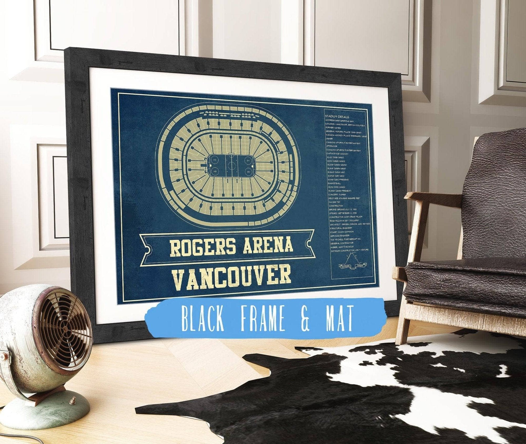 Cutler West 14" x 11" / Black Frame & Mat Vancouver Canucks - Rogers Arena Vintage Hockey Blueprint NHL Print 673825395_81448