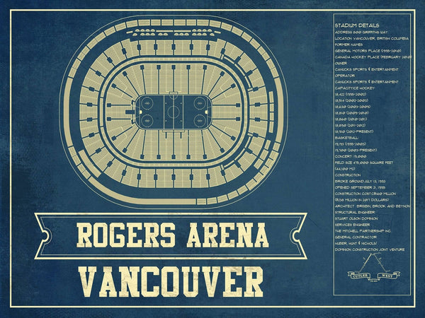 14" x 11" / Unframed Cutler West Vancouver Canucks - Rogers Arena Vintage Hockey Blueprint NHL Print