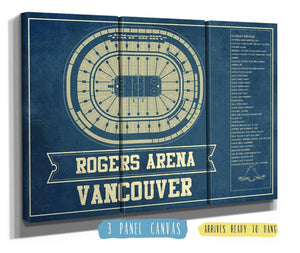 48" x 36" / 3 Panel Canvas Wrap Cutler West Vancouver Canucks - Rogers Arena Vintage Hockey Blueprint NHL Print
