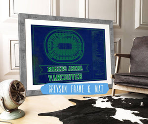 14" x 11" / Greyson Frame & Mat Cutler West Vancouver Canucks Team Colors - Rogers Arena Vintage Hockey Blueprint NHL Print